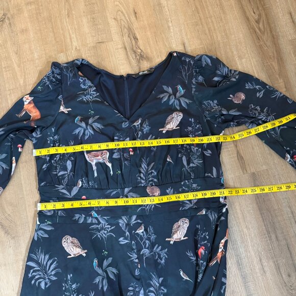 eShakti Navy Woodland Flora Fauna Floral Maxi Dress Long Sleeve Cute V Neck 2X - Picture 5 of 8